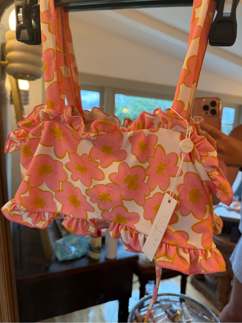 Floral Ruffle Pink & Yellow Bikini Top